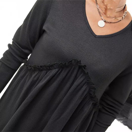 Damen V-Ausschnitt Langarmshirt mit Rüschendetail EB