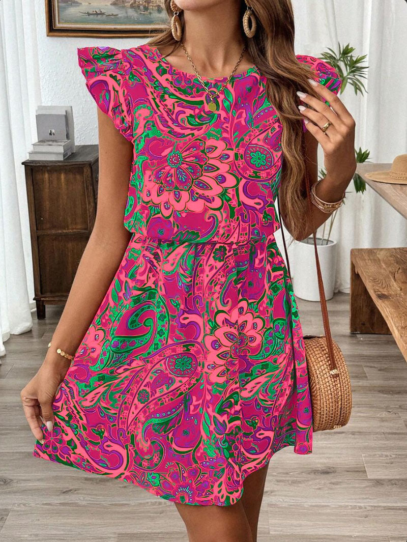 Damen luftiges Sommerkleid mit verspieltem Paisleymuster und Rüschendetails EB