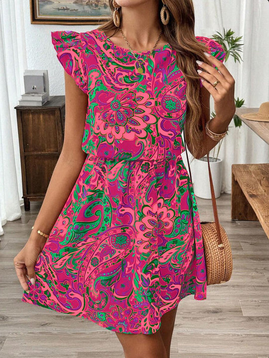 Damen luftiges Sommerkleid mit verspieltem Paisleymuster und Rüschendetails EB