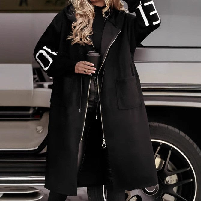 Damen Oversized Kapuzenmantel mit seitlichen Taschen und Reißverschluss EB