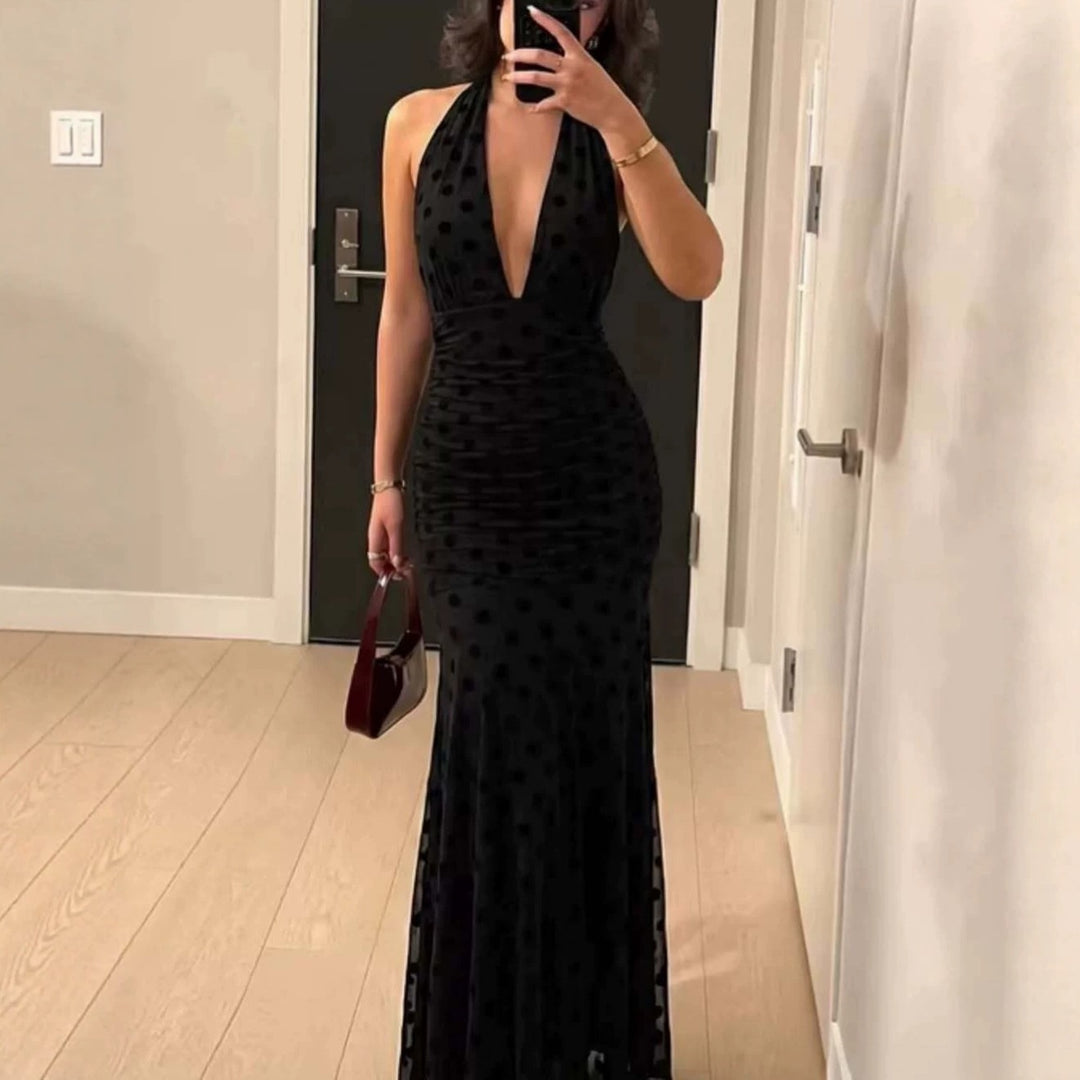 Damen Elegantes Maxikleid mit tiefem V-Ausschnitt und filigranen Rüschen EB