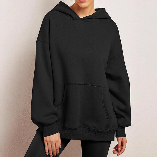 Damen nan Oversize-Kapuzenpullover mit verlängertem Rückenteil, innen angerautem Fleece und Kängurutasche EB