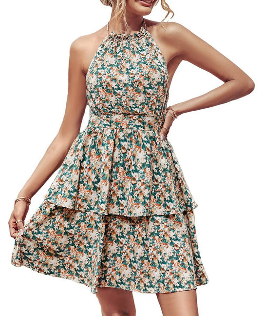 Damen Sommerkleid mit hohem Kragen und fließendem Volant EB