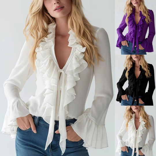 Damen Elegantes Oberteil mit Volants und tiefem V-Ausschnitt EB
