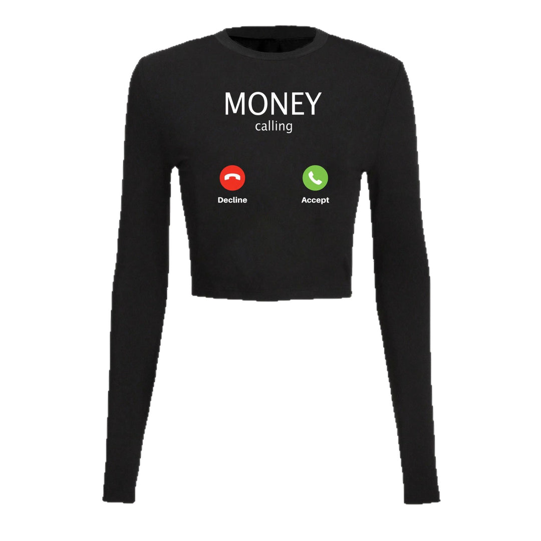 Damen nan kurzes Cropped-Longsleeve mit auffälligem Statement-Print und Call-Icon-Design EB