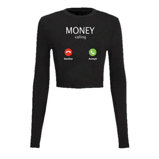 Damen nan kurzes Cropped-Longsleeve mit auffälligem Statement-Print und Call-Icon-Design EB