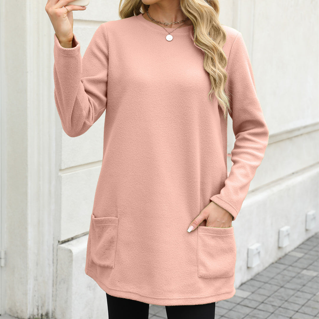 Damen nan legeres Fleece-Tunika-Kleid mit Rundhalsausschnitt und aufgesetzten Taschen EB