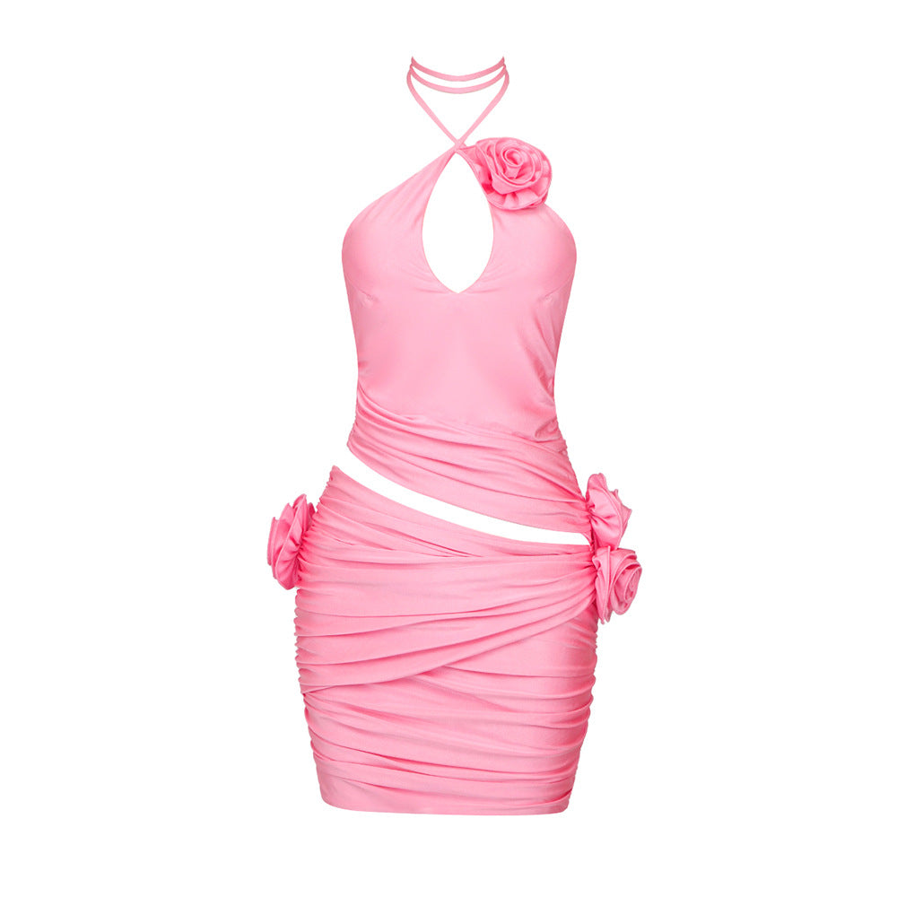 Damen Neckholder-Kleid mit raffiniertem Drapé und Rosendetails EB