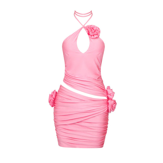 Damen Neckholder-Kleid mit raffiniertem Drapé und Rosendetails EB