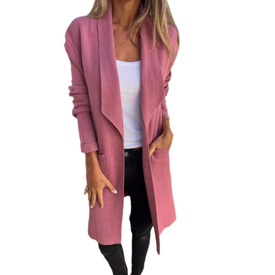 Damen Lässiger Oversize Mantel mit Offenem Kragen und Praktischen Taschen EB