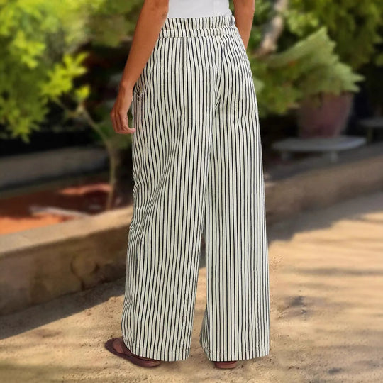 Damen lässige weite Hose im Streifenlook mit elastischem Bund und Bindegürtel EB