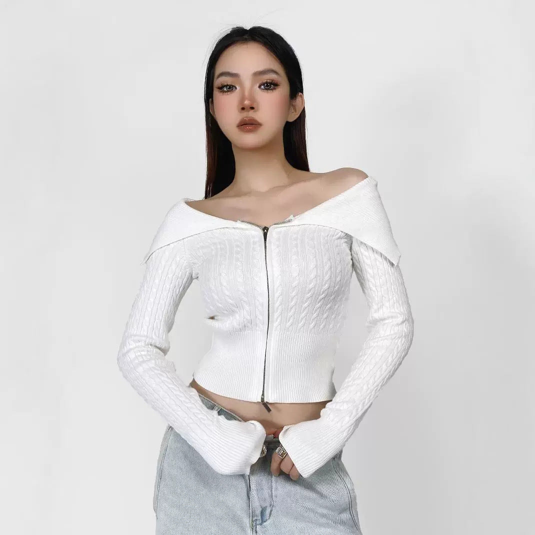 Damen modische Strickjacke mit weitem Kragen und Reißverschluss EB