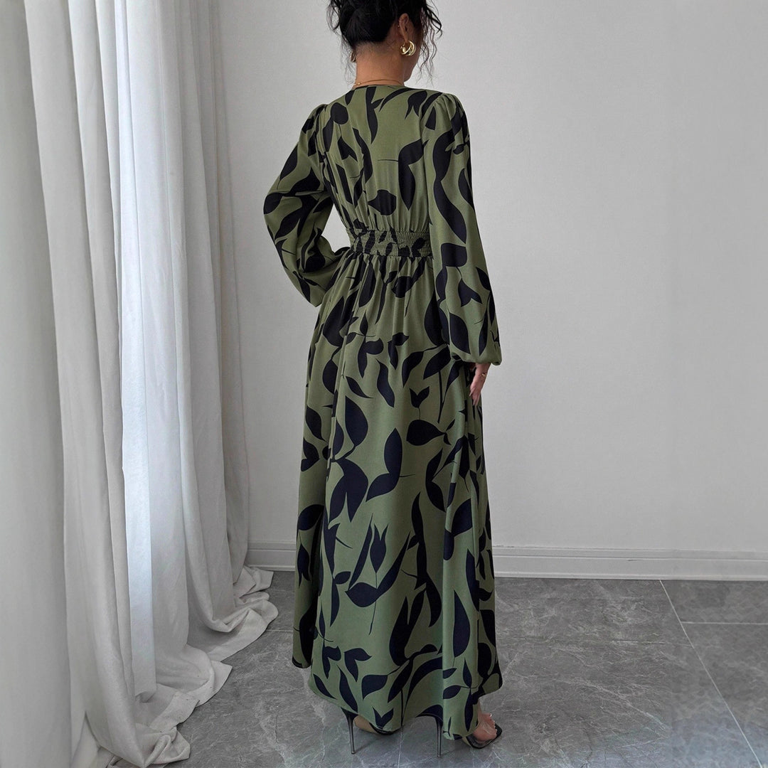 Damen Maxikleid mit taillierter Knopfleiste, V‑Ausschnitt und Ballonärmeln EB