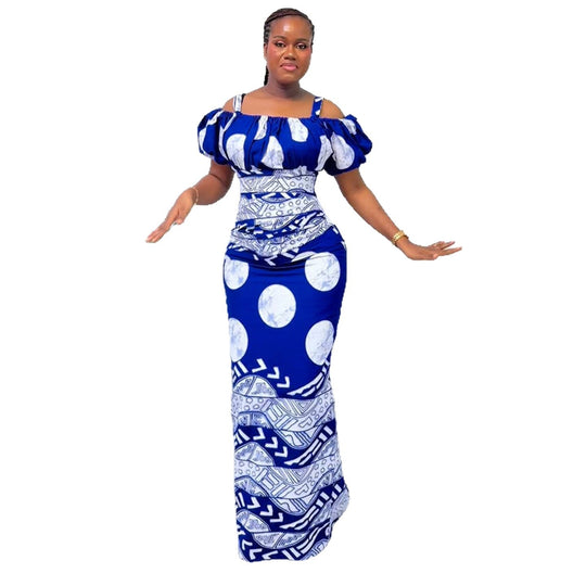 Damen Maxikleid mit voluminösen Puffärmeln und grafischem Muster EB