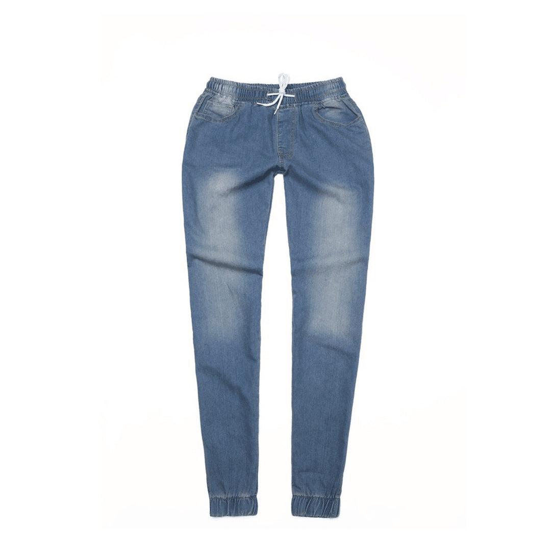 Damen nan schmal geschnittene Denim-Jogginghose mit Elastikbund, Tunnelzug und elastischen Beinbündchen EB