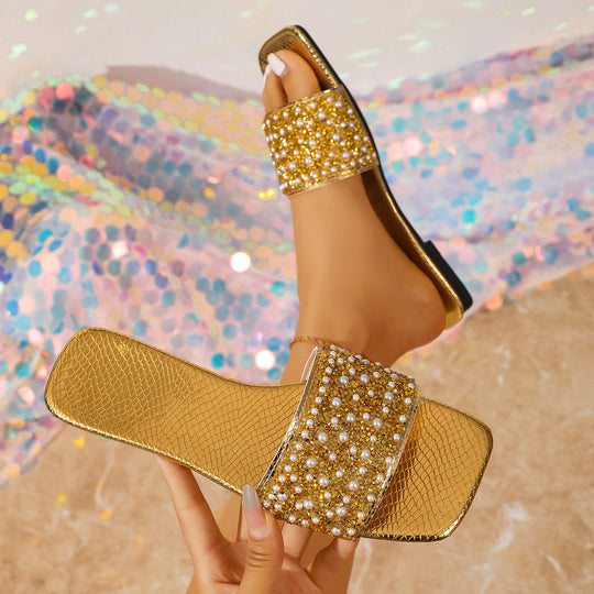 Damen Glitzernde Slides mit Perlenbesatz und luxuriösem Design EB