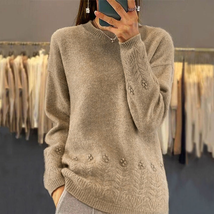 Damen nan kuscheliger Oversize Kaschmir-Mix Pullover mit Zopfmuster und Perlenapplikation EB
