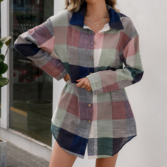 Damen Karierter Hemdblusenkleid aus hochwertigem Material mit langen Ärmeln EB