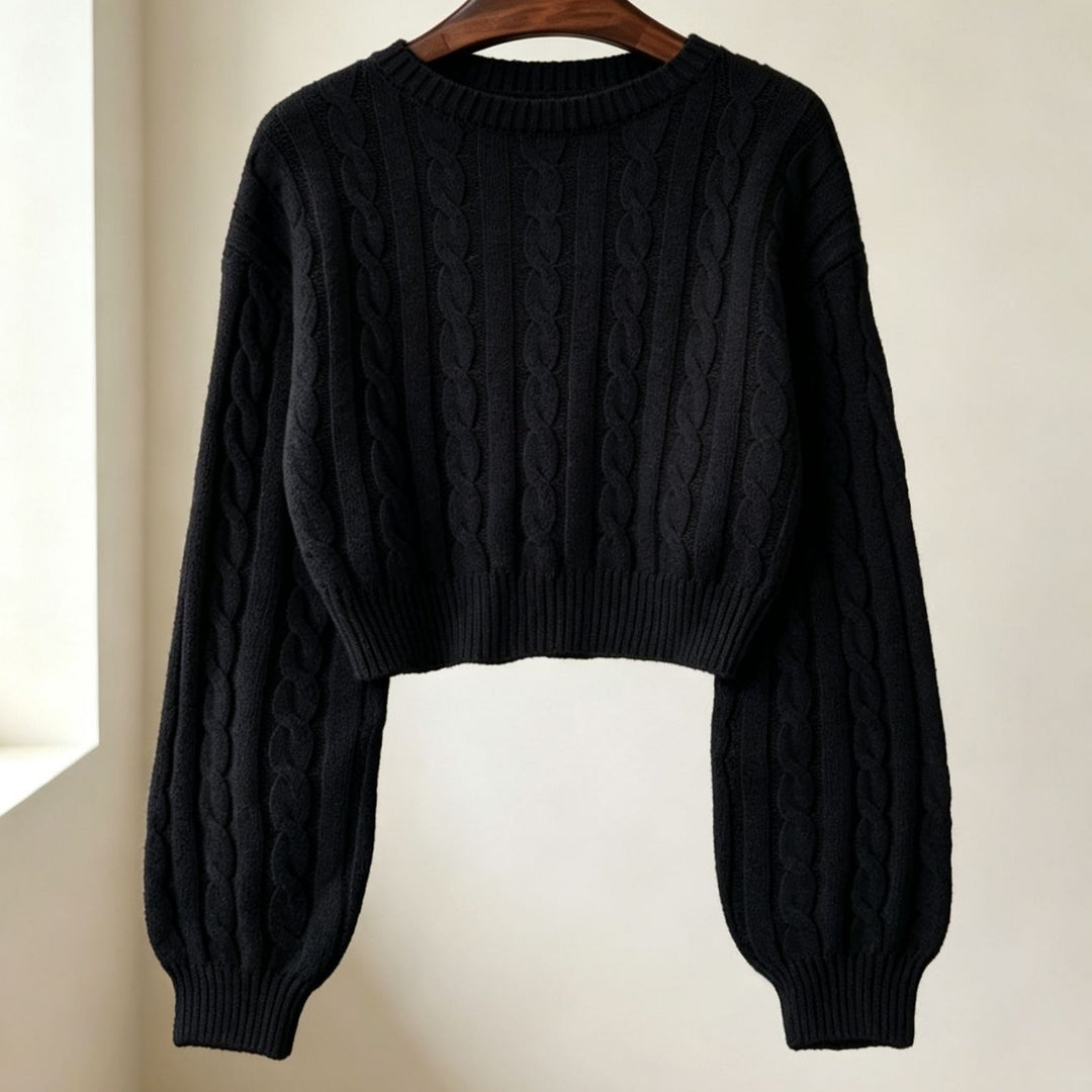 Damen Cropped Zopfmuster-Strickpullover mit kastiger Silhouette und Ballonärmeln EB