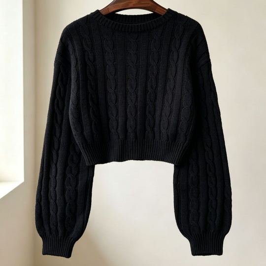 Damen Cropped Zopfmuster-Strickpullover mit kastiger Silhouette und Ballonärmeln EB