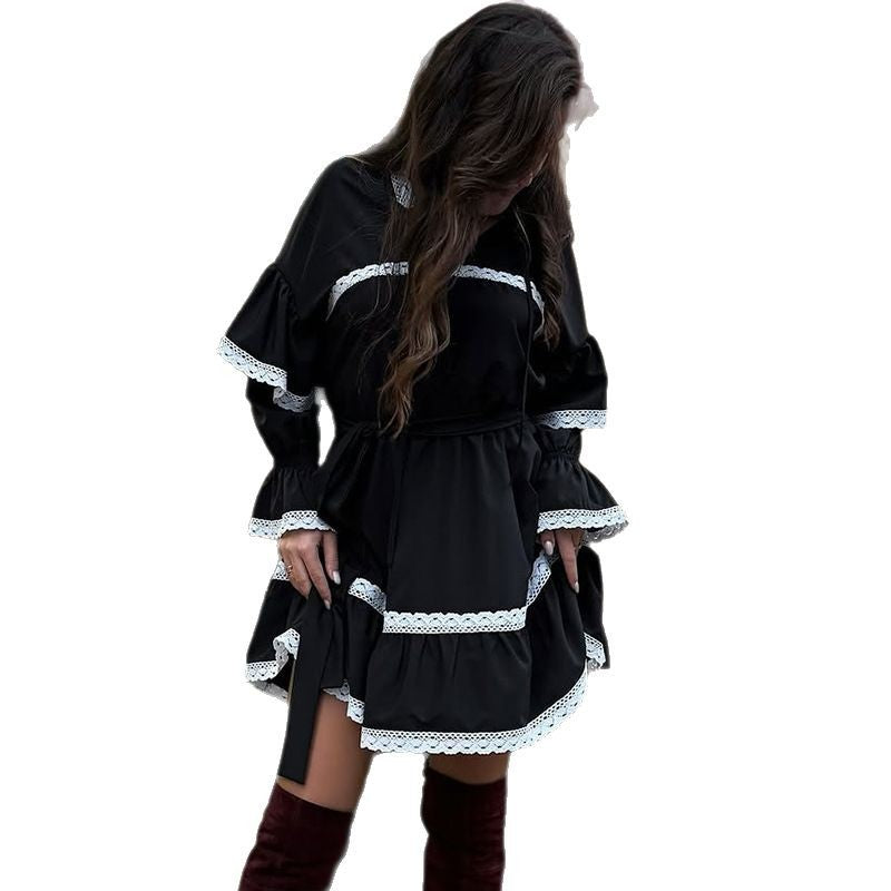 Damen elegantes Kleid mit Volants und Spitzenverzierungen EB