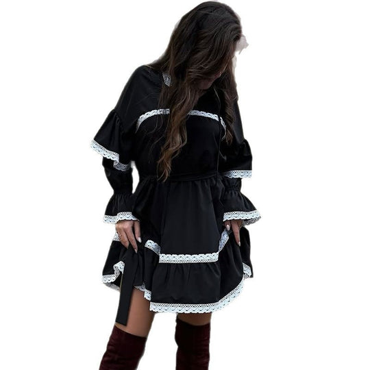 Damen elegantes Kleid mit Volants und Spitzenverzierungen EB