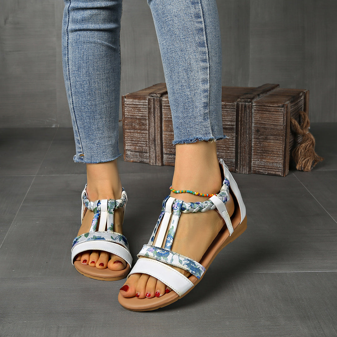 Damen Offene Sandalen mit geflochtenem Riemendesign und elegantem floralem Detail EB