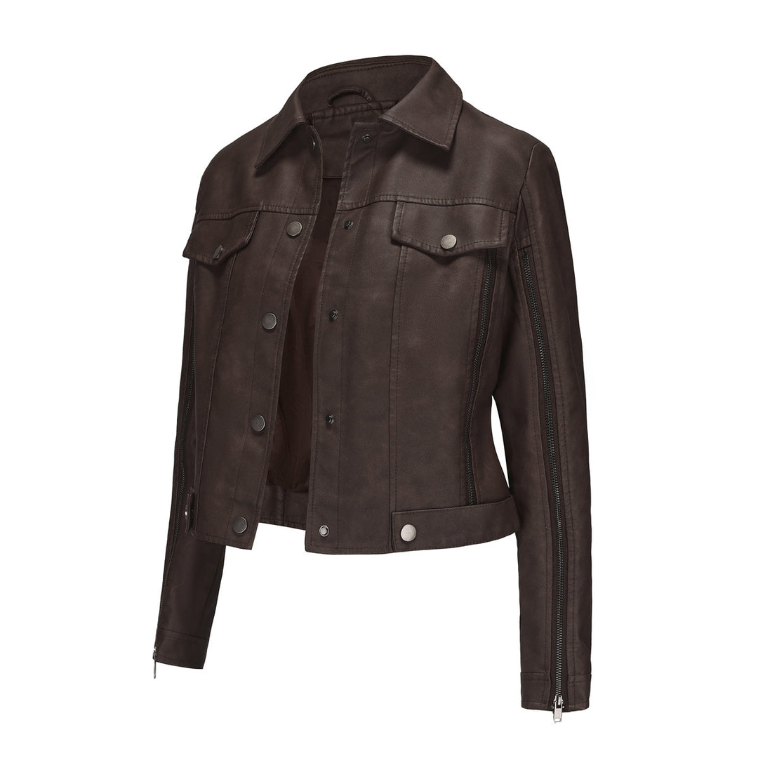 Damen modische Shortjacke aus Kunstleder mit Reißverschlussdetails EB