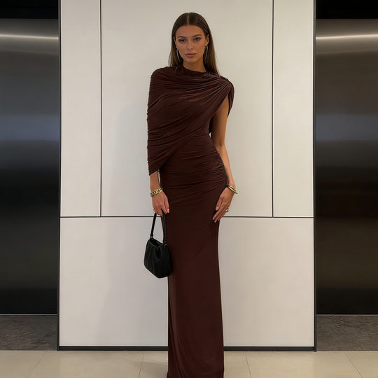 Damen Elegantes Maxikleid mit asymmetrischen Drapierungen und figurschmeichelndem Schnitt EB