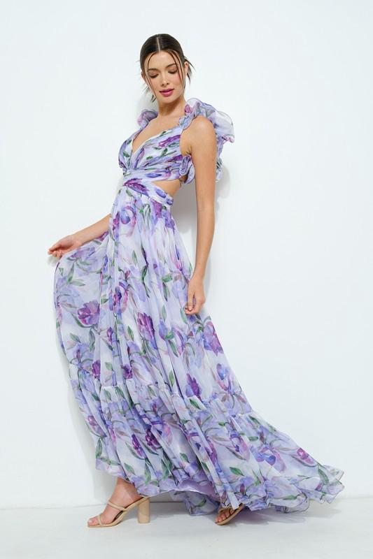 Damen Maxi-Kleid mit floralen Rüschen und schwingendem Design EB