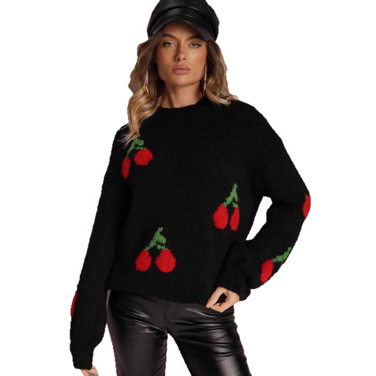 Damen Strickpullover mit fruchtigem Kirschmotiv und lässigem Schnitt EB