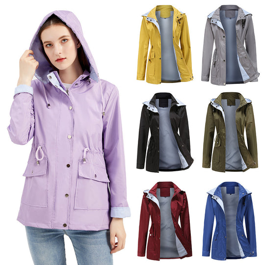 Damen Wetterfeste Regenjacke mit verstellbarem Kapuzenkragen und Taillenzug EB