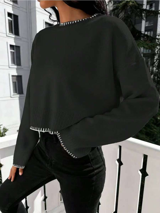 Damen Cropped Strickpullover mit feiner Rippenstruktur und lässigem Schnitt EB