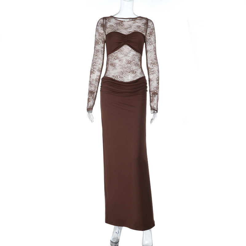 Damen Hochwertiges Maxikleid mit transparenten Langarmen EB