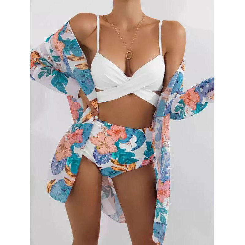 Damen Bikiniset mit floralem Kimono und hoch taillierter Hose EB