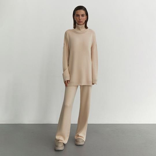 Damen Modisches Strickensemble mit hohem Kragen und weitem Schnitt EB