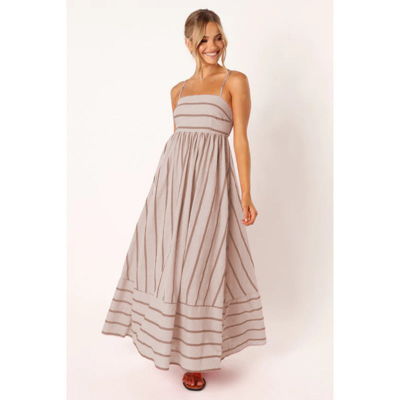 Damen Maxikleid mit feinen Streifen und elastischem Taillenbund EB