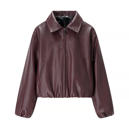 Damen nan kurze Glanz-Kunstlederjacke mit Hemdkragen, verdecktem Reißverschluss und elastischem Bund EB