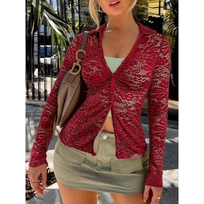 Damen Transparente Spitzenbluse mit knöpfbarem Ausschnitt und langem Arm EB