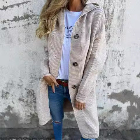 Damen Lange Strickjacke mit hochwertiger Rippstruktur und eleganten Knöpfen EB