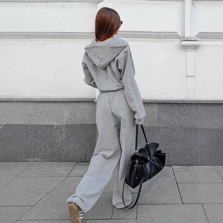 Damen Bequemes Sportanzug Set mit Kapuzenjacke und weiten Hosen EB