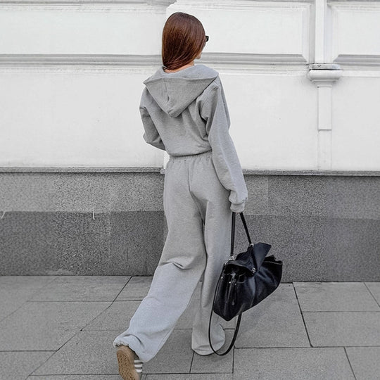 Damen Bequemes Sportanzug Set mit Kapuzenjacke und weiten Hosen EB