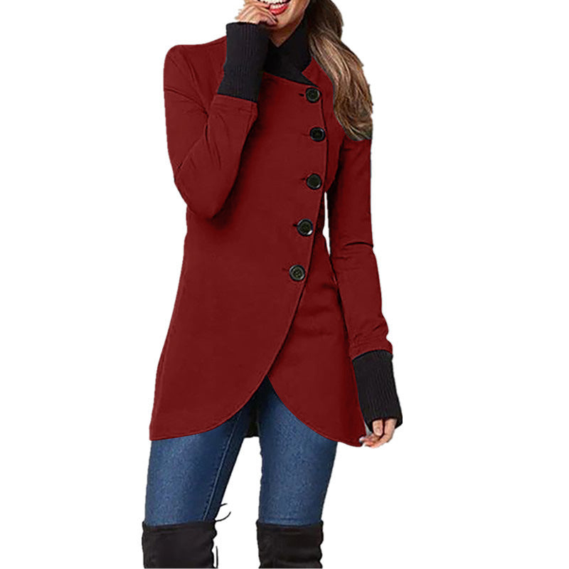 Damen nan asymmetrische lange Strickjacke mit Knopfverschluss und Rippbündchen EB