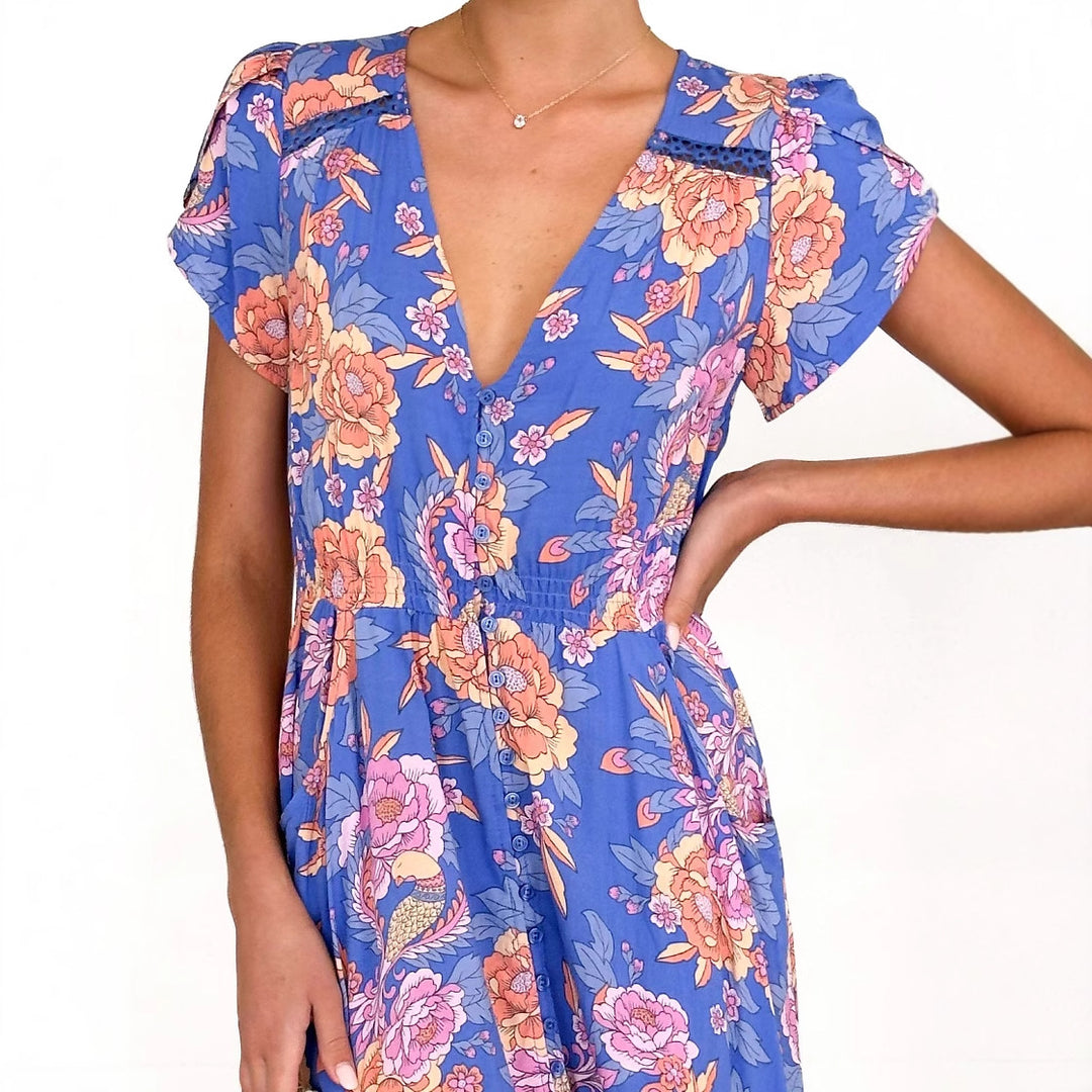 Damen Maxikleid mit elegantem V-Ausschnitt und femininen Rüschendetails EB