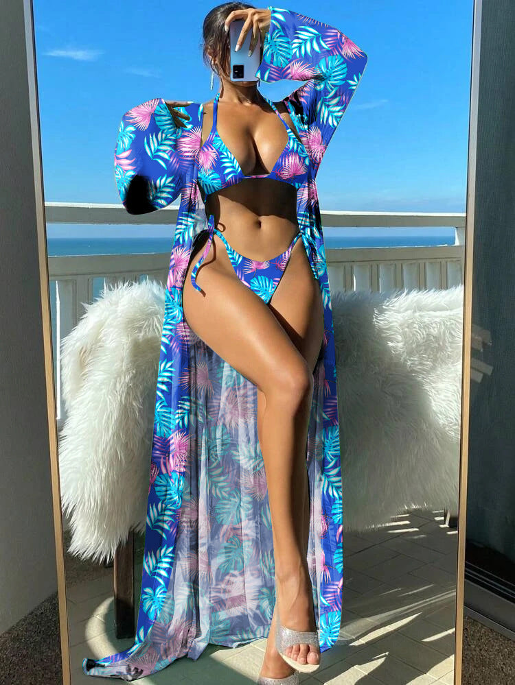 Damen Bikini-Set mit transparentem Kaftan und floralem Design EB