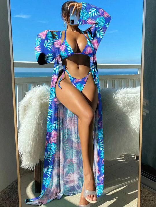 Damen Bikini-Set mit transparentem Kaftan und floralem Design EB