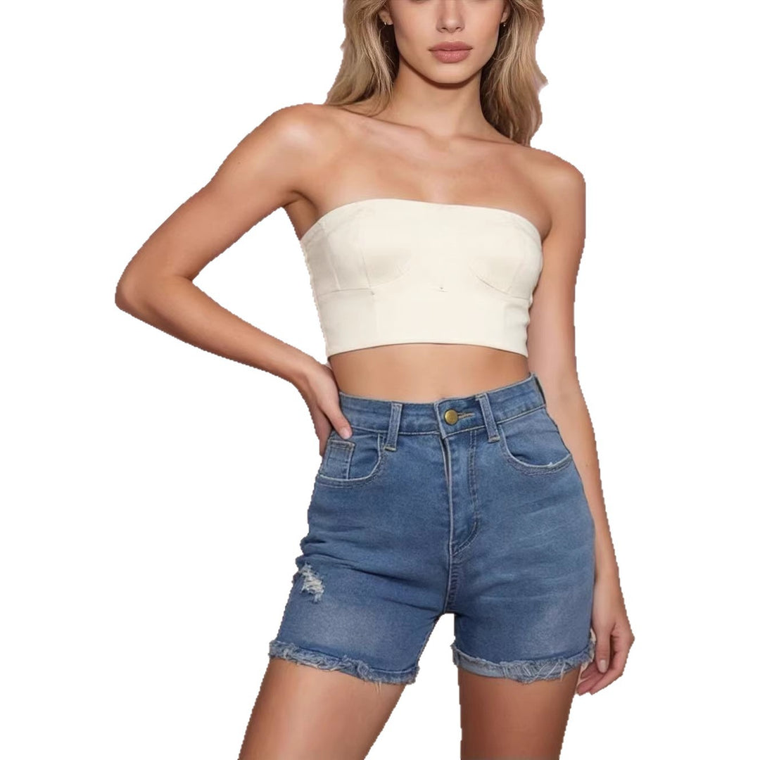 Damen lässige High-Waist Denim-Shorts mit Fransen und modischen Destroyed-Details EB