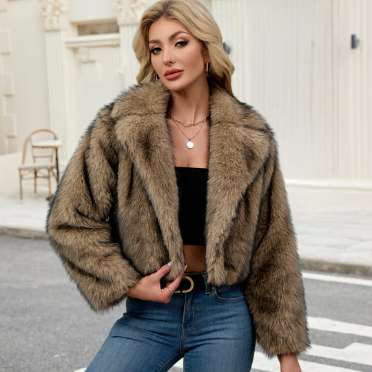 Damen Flauschige Kunstpelzjacke mit elegantem Revers EB