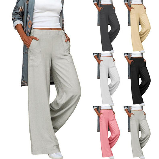 Damen nan weite Leinenmix-Hose mit hohem elastischen Bund und aufgesetzten Seitentaschen EB