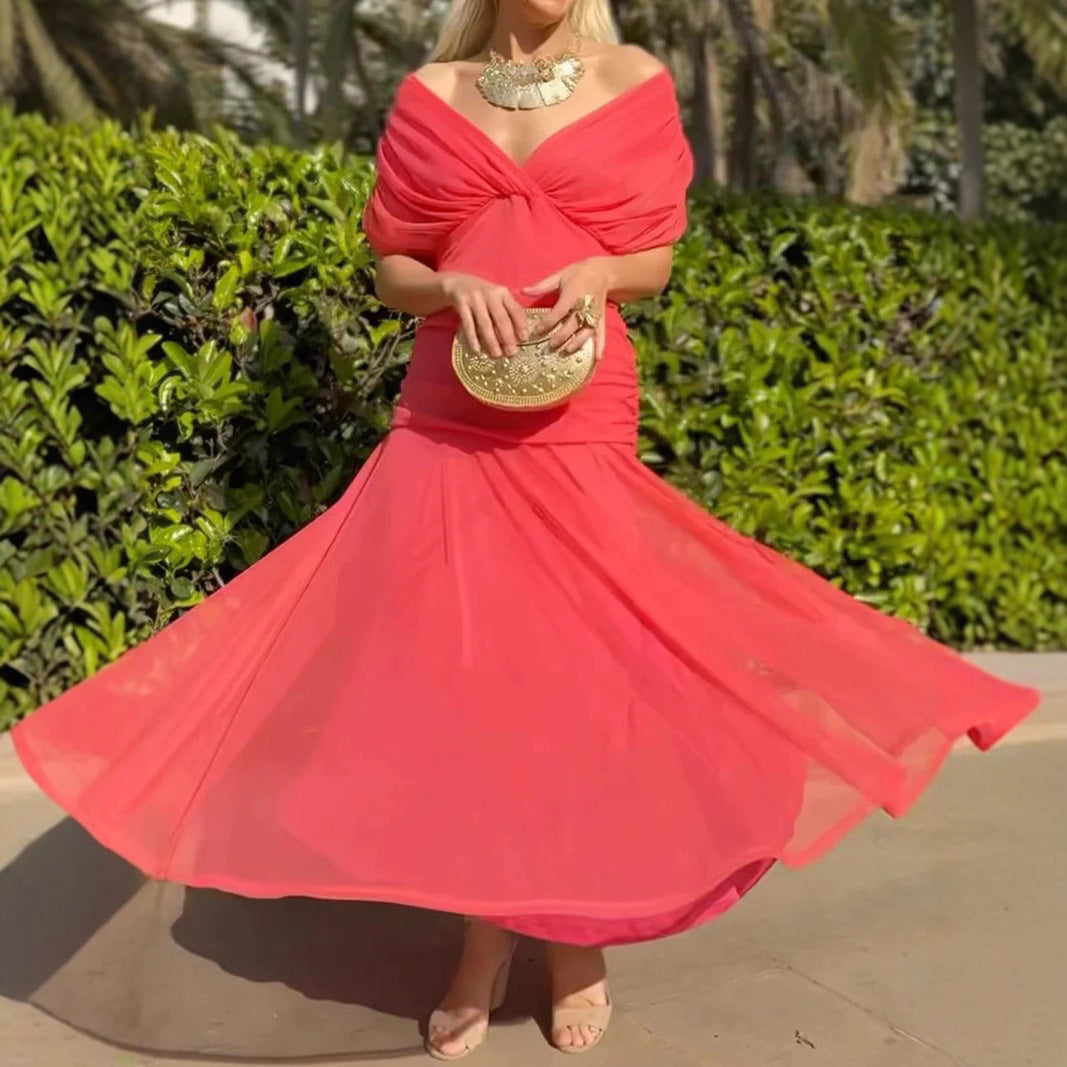 Damen nan fließendes Abendkleid mit transparentem Chiffon-Capelet, V-Ausschnitt und taillierter Drapierung EB